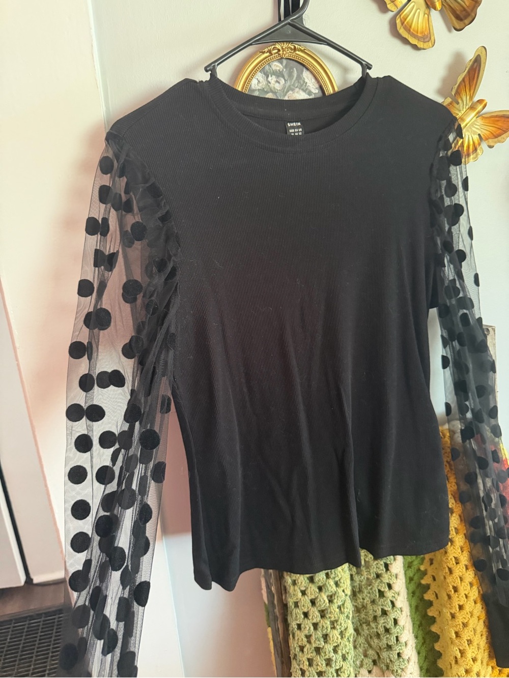SHEIN Black Long-Sleeve Top with Sheer Polka-Dot Sleeves